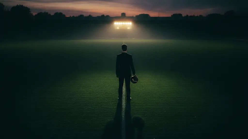 Silhouetted figure on empty football pitch, holding a ball, facing stadium entrance.