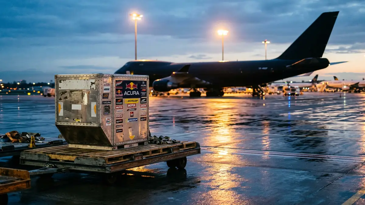 Air freight containers on a tarmac at night under industrial lights for race logistics.