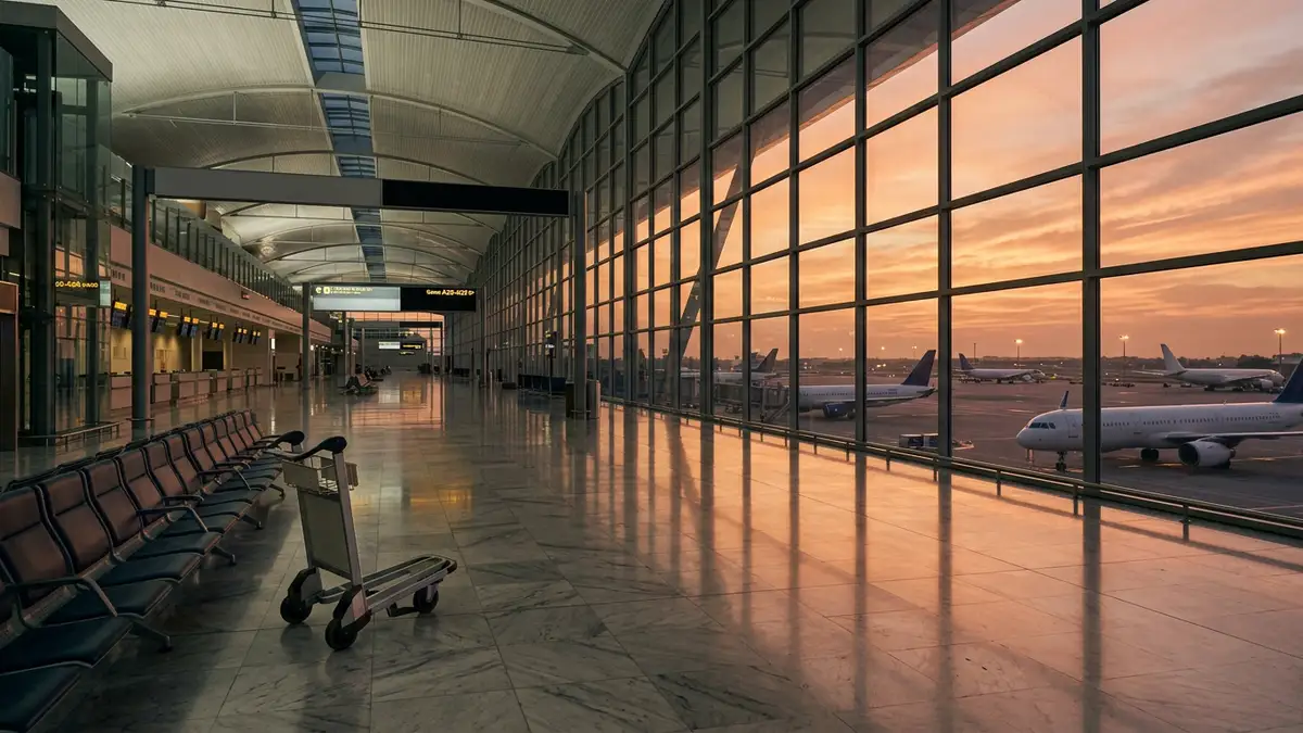 An empty airport terminal at sunset with stationary planes visible through the windows.
