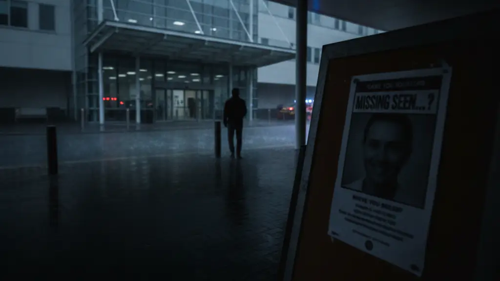 Blurred figure walking away from a hospital entrance, with a 'Missing Person' poster nearby.