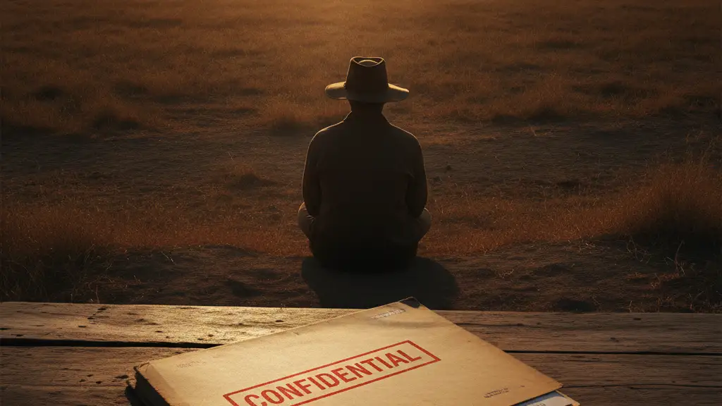 Silhouetted figure overlooking African savanna with a confidential file in foreground.
