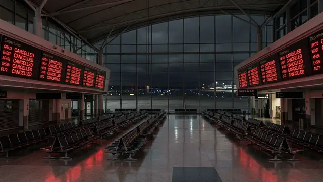 An empty airport terminal at night with red 'Cancelled' flight status boards reflecting on floors.