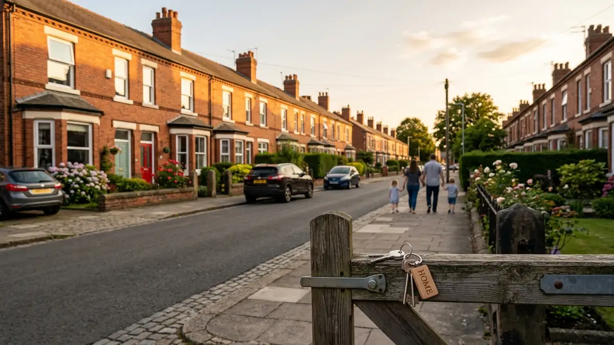 House keys on a wooden gate in front of a row of brick terraced houses.