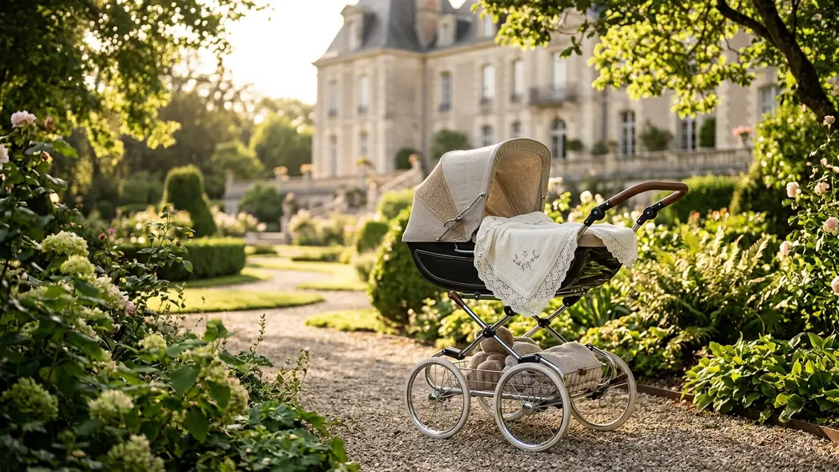 Elegant baby pram in a sunlit garden, grand building blurred in background.