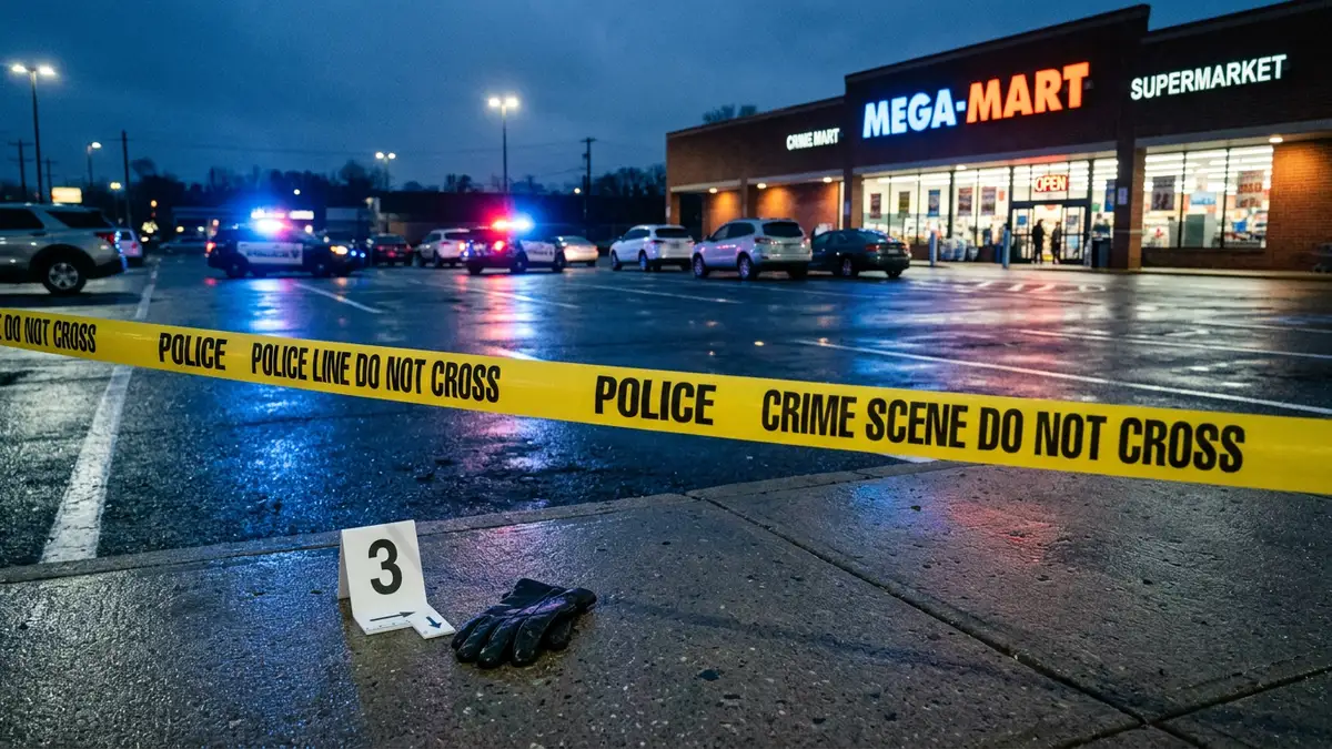 Yellow police tape cordons off a supermarket parking lot illuminated by blue emergency lights.