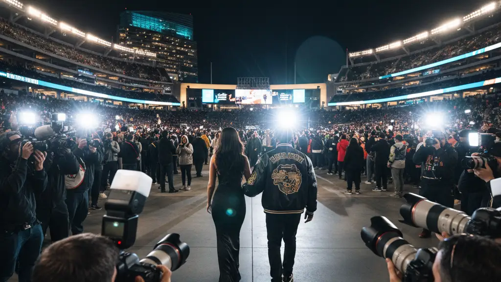 Silhouetted figures walk through a crowd of flashing paparazzi cameras at a stadium event.