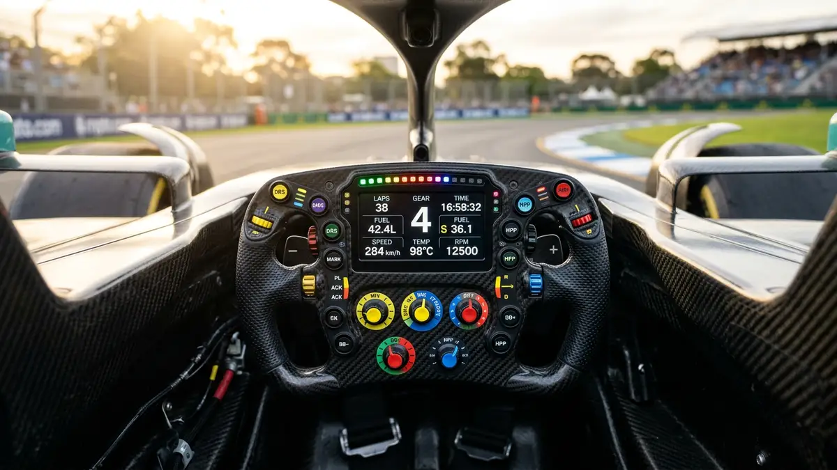 A close-up of a Formula 1 car cockpit with a blurred Melbourne race track background.