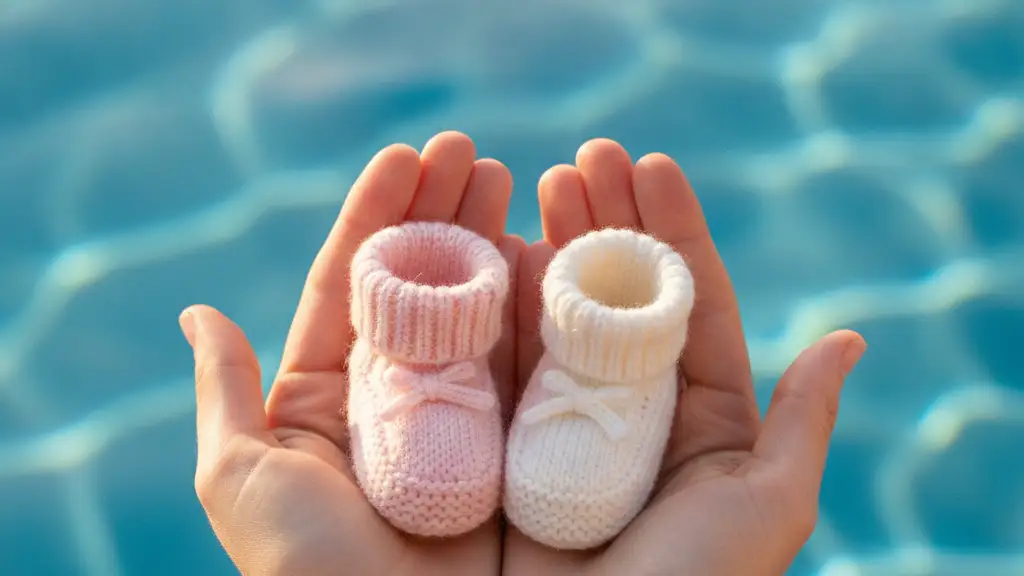 Adult hands gently hold tiny pink and white baby booties against a blurred swimming pool.