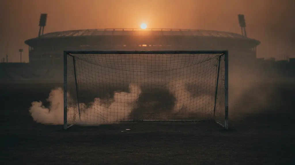 Soccer goal silhouetted against a hazy, smoke-filled orange sky near a stadium.