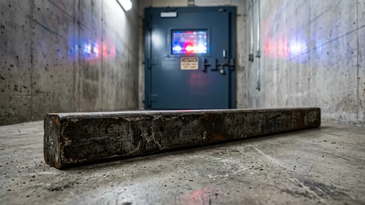 A metal bar lies on a concrete floor with blurred emergency lights in the background.