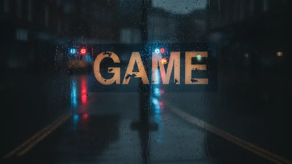 Dimly lit 'GAME' store sign reflecting emergency lights on a rainy street.