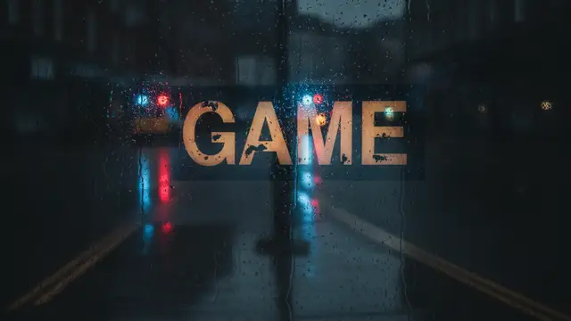Dimly lit 'GAME' store sign reflecting emergency lights on a rainy street.