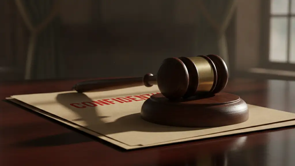 A heavy wooden gavel rests on a confidential file folder on a desk.