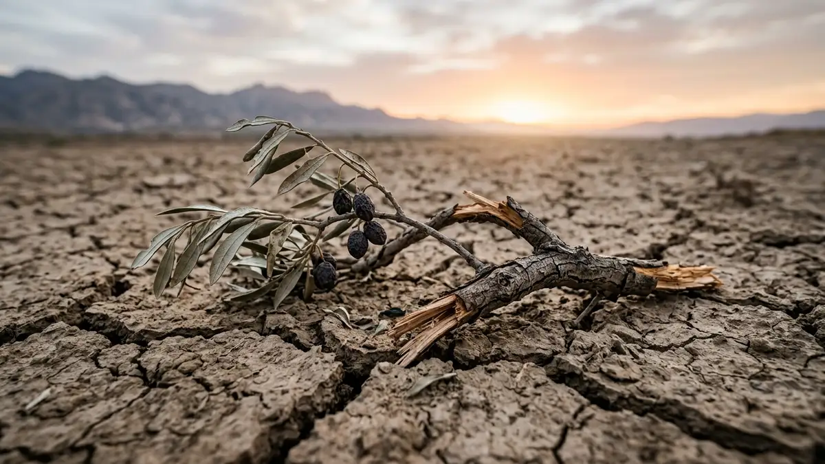Broken olive branch on dry earth, distant soft glow. Symbolizes fractured peace.
