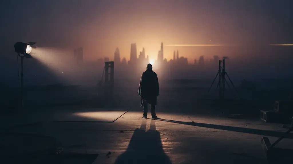 Silhouetted director on a vast, desolate film set at dusk, looking at distant ruins.
