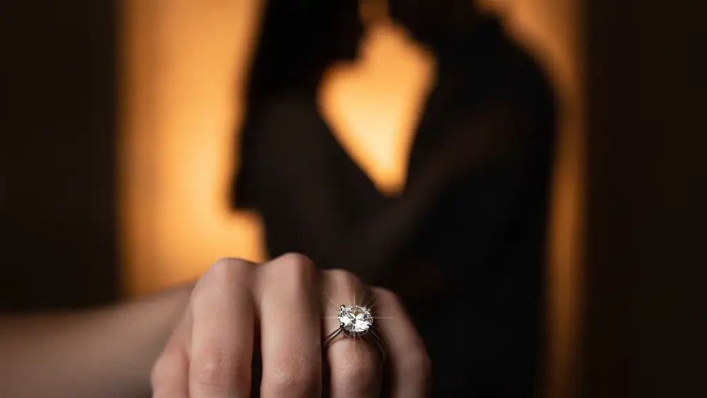 A hand wearing a diamond engagement ring, with two blurred figures embracing in background.
