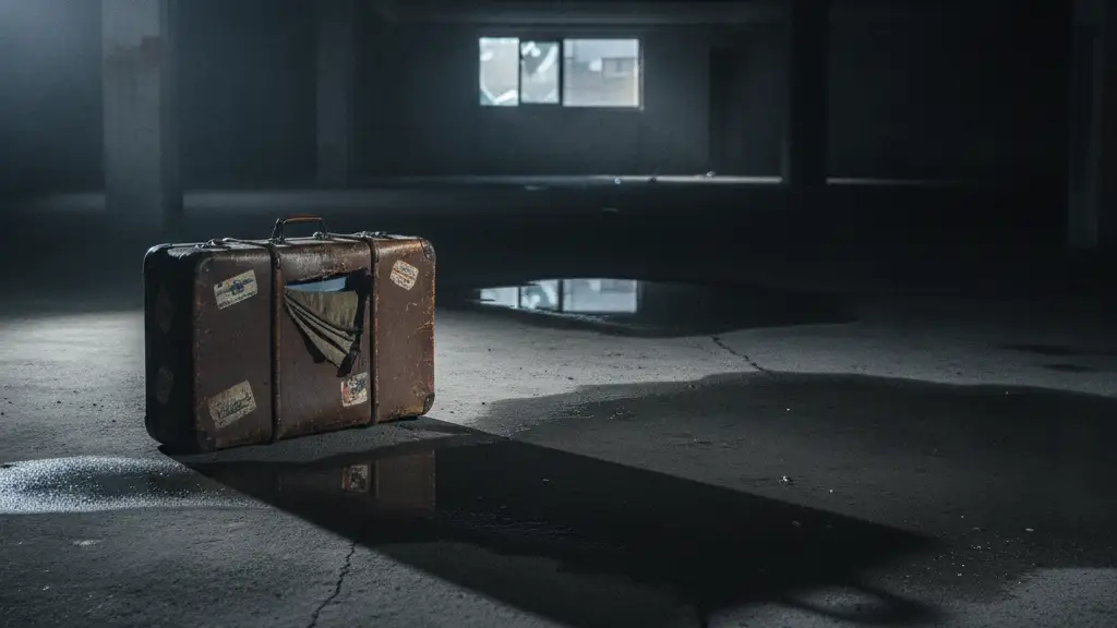 A weathered suitcase in a dimly lit, abandoned car park with emergency light reflections.