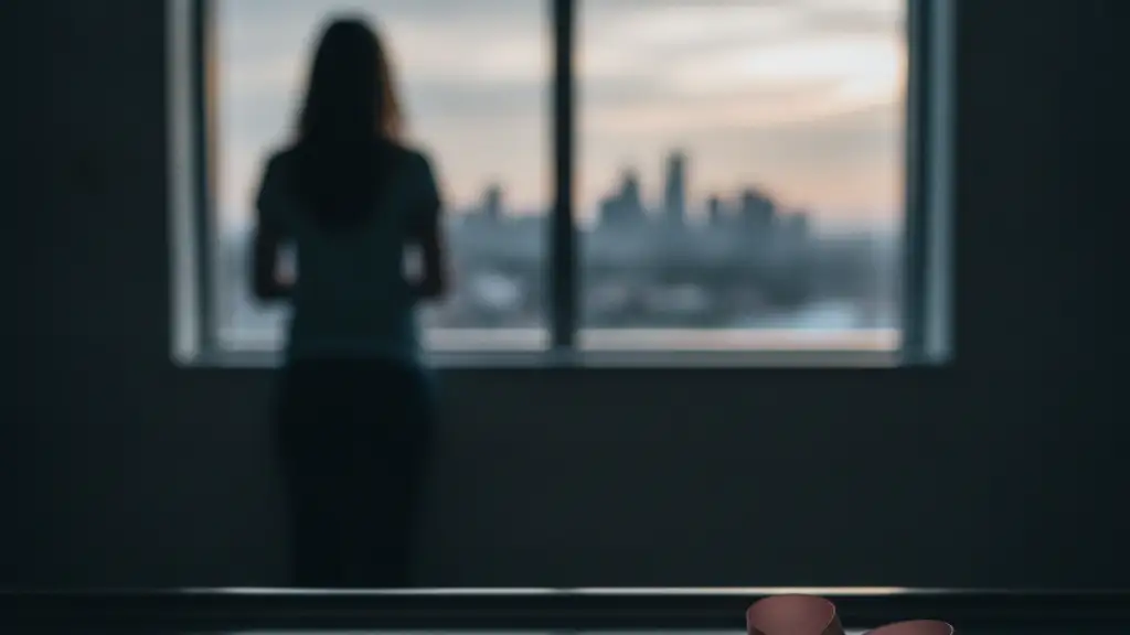 A blurred figure looks out a hospital window. A pink ribbon lies in the foreground.