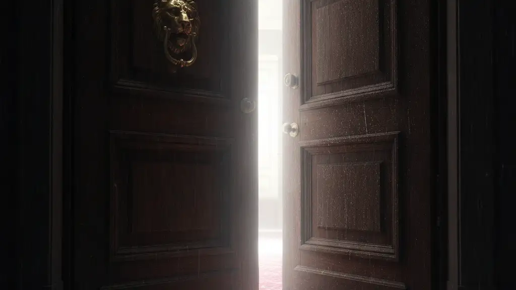 Ornate wooden door, partially ajar, with blinding light spilling from within.