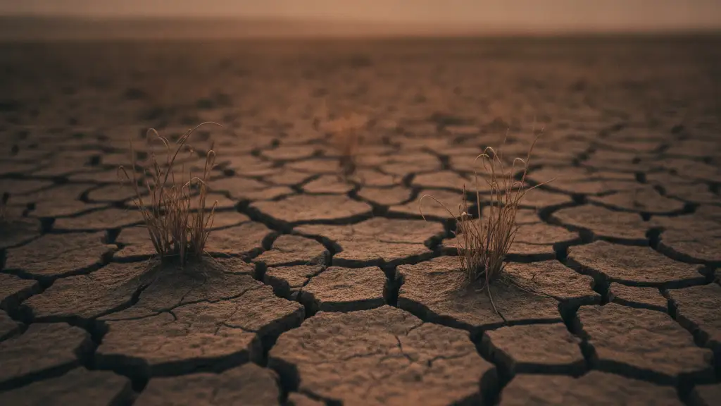 Cracked, dry earth under a hazy sun, symbolizing drought.