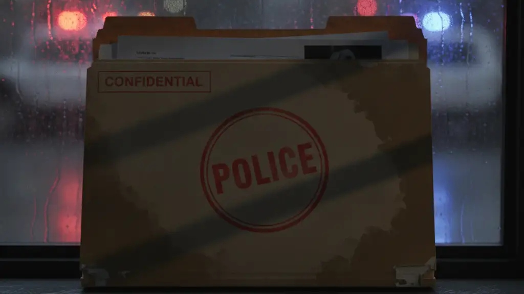 Confidential police file on a window sill, reflecting emergency lights.