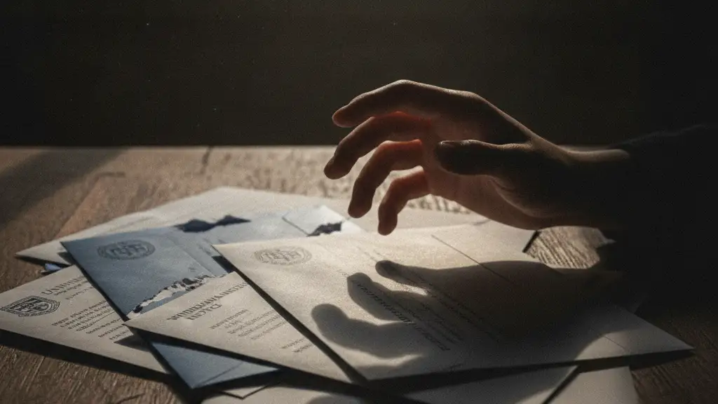Stack of university withdrawal letters on a desk, hand hovering over them.