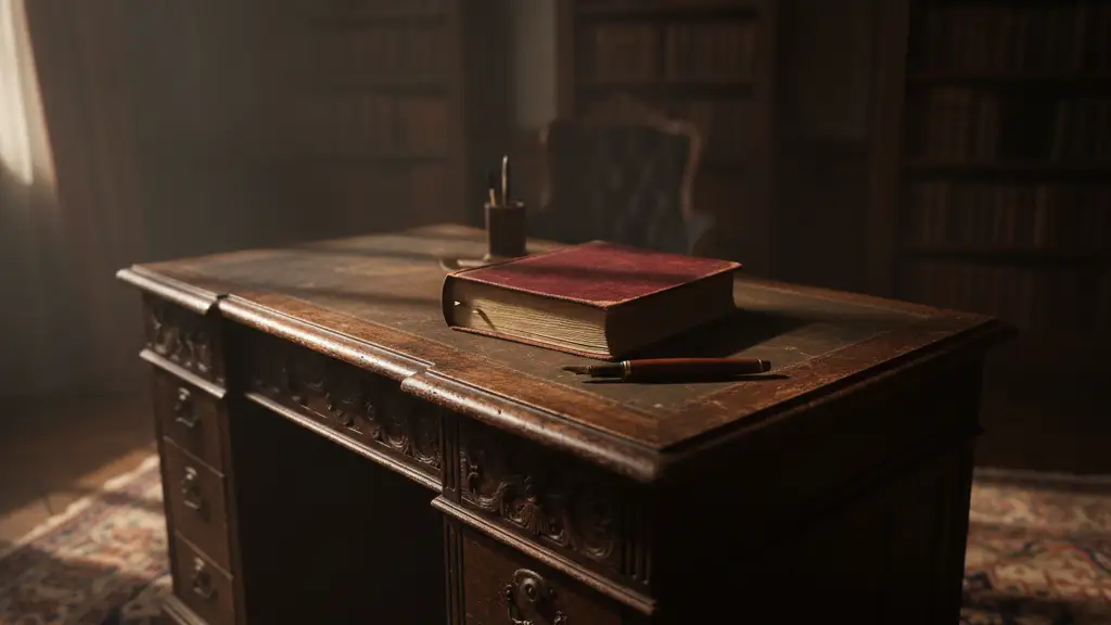 An antique wooden desk with a leather-bound ledger and fountain pen.