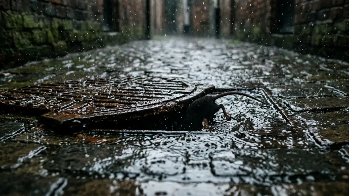 A displaced iron drain cover on a wet cobblestone street during a rainstorm.