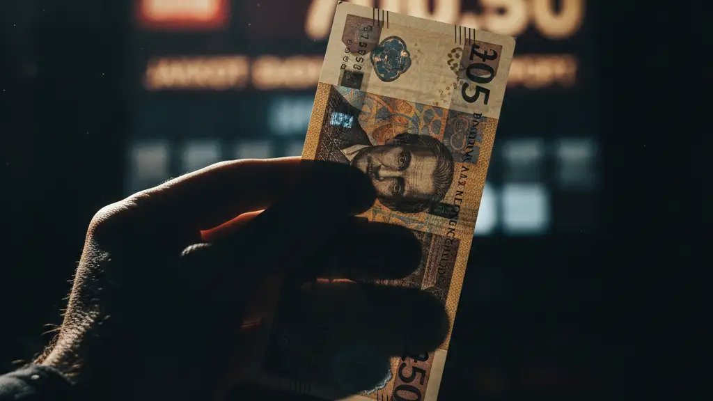 A silhouetted hand holds a UK £50 note, blurred lottery numbers in background.
