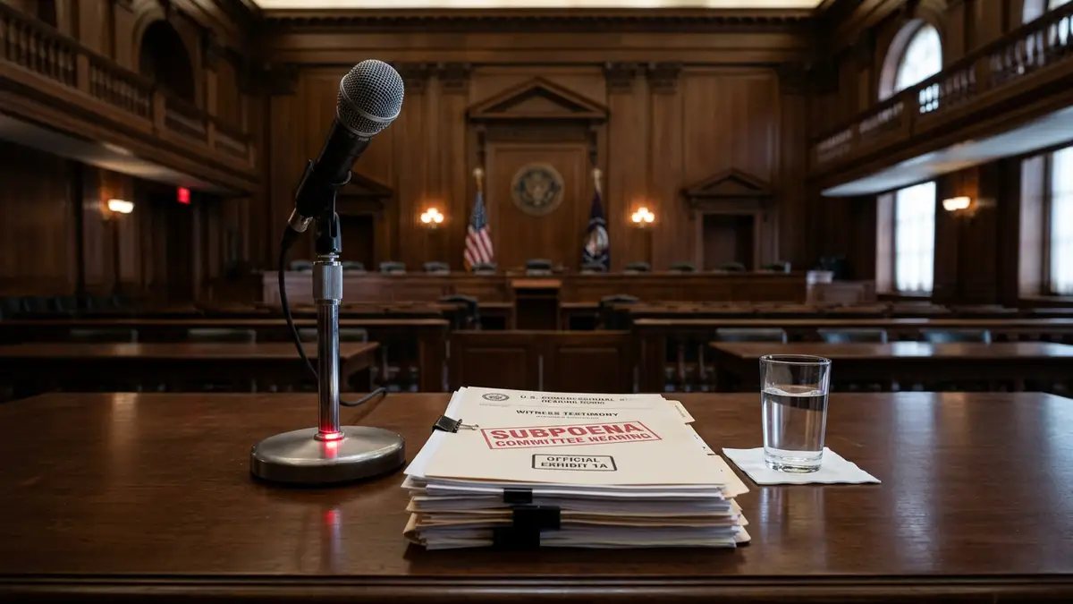 A microphone and subpoena documents on a wooden table in a formal hearing room.