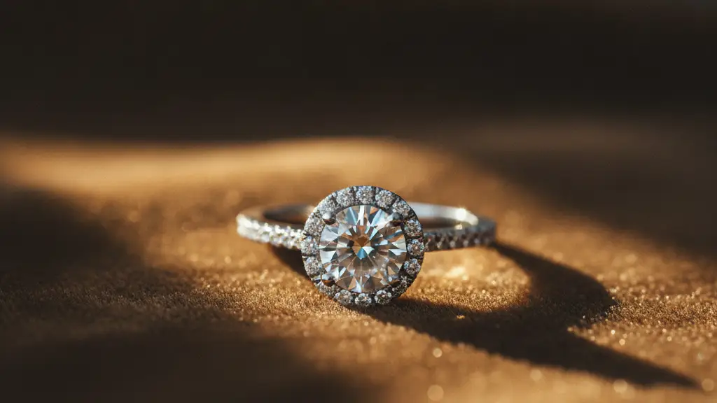 A close-up of an elegant diamond ring on a soft, blurred background.