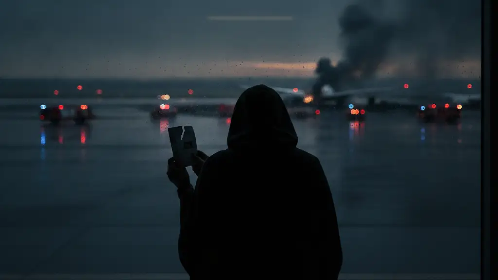 Silhouetted figure at airport window, looking at heat-hazed tarmac with emergency lights.