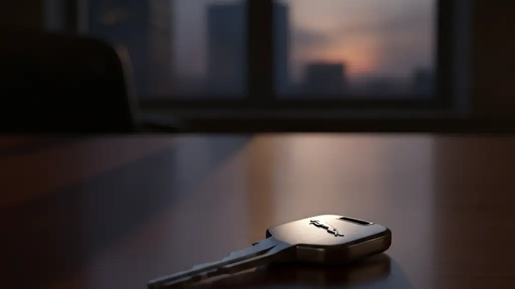 A lone Jaguar car key rests on a dark, polished desk, symbolizing job cuts.