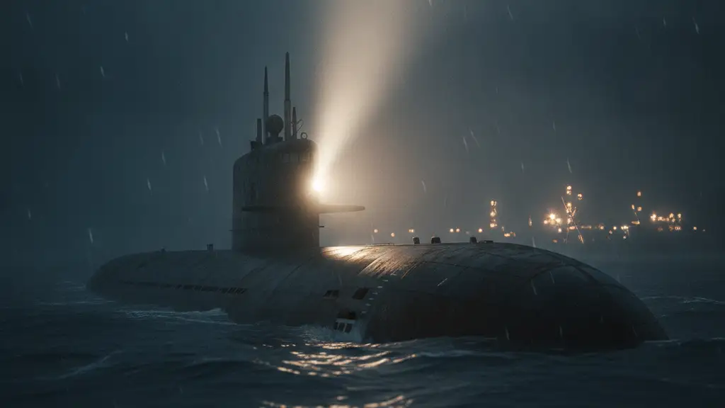 Silhouette of a submarine's bow emerging from misty water under dramatic spotlight.