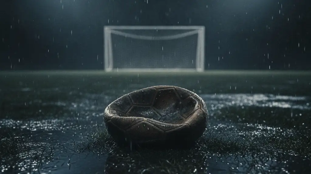 A lone, deflated football on a wet, empty stadium pitch at night.