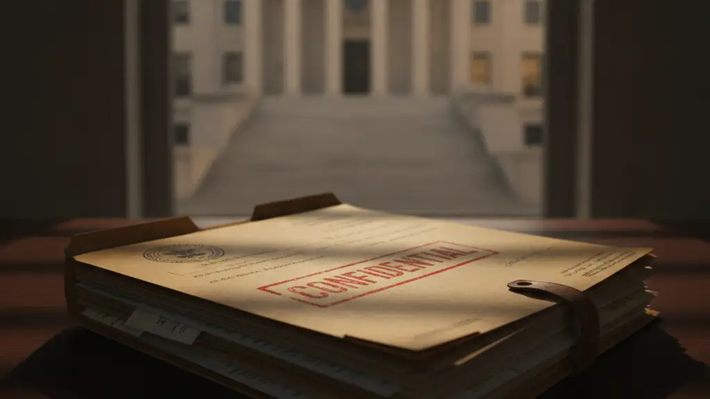 Confidential legal file on a desk, with a blurred courthouse in the background.