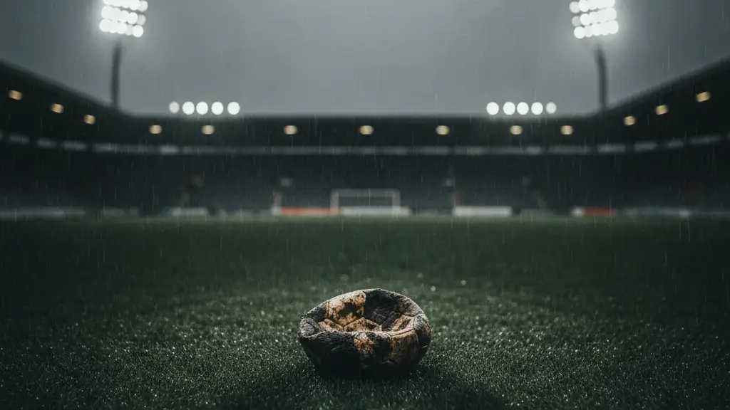 A lone, deflated football on a wet, dark green football pitch under an overcast sky.