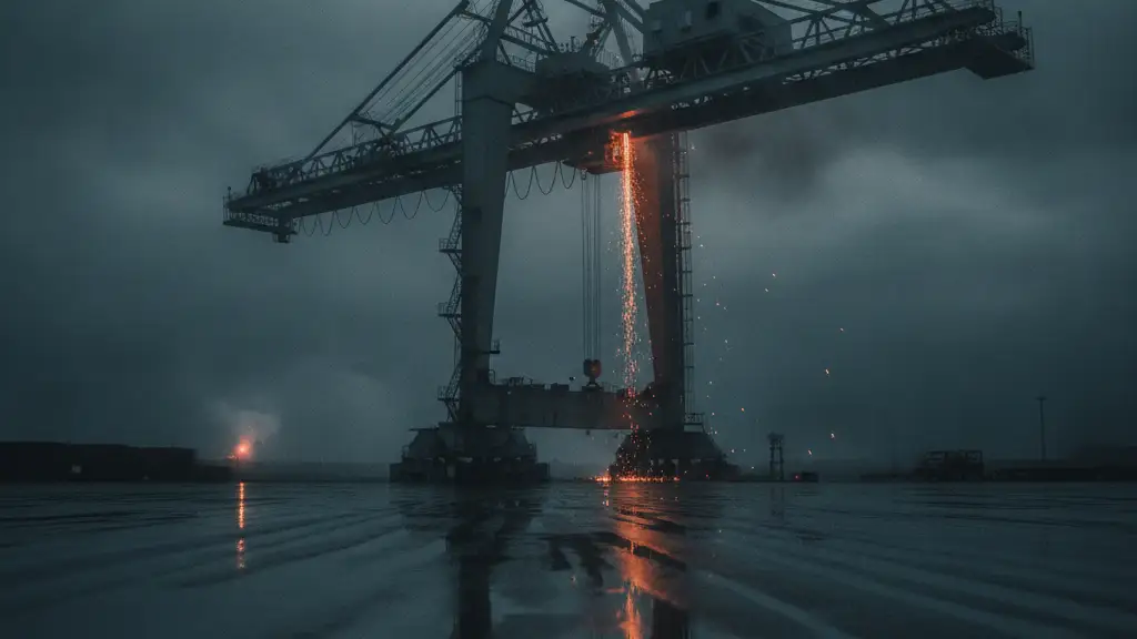 Giant industrial crane silhouetted against a dramatic sky at dusk, sparks flying.
