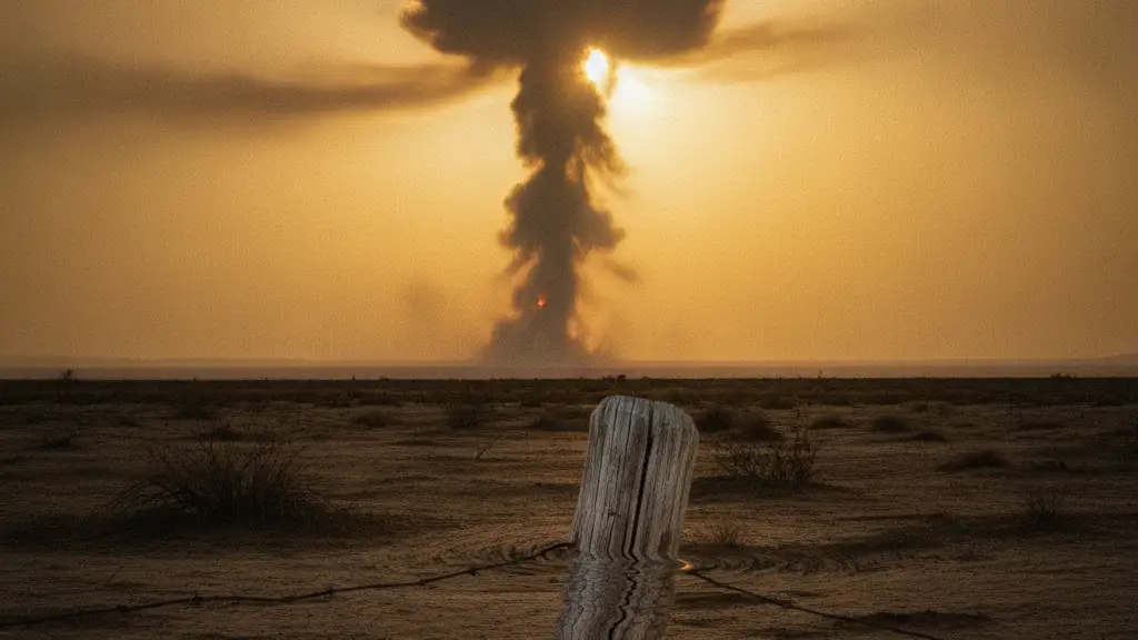 Distant smoke plume over a parched landscape, with a weathered fence post in the foreground.