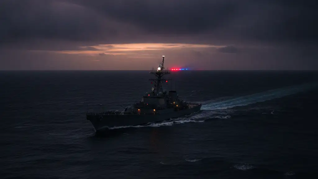 Silhouetted naval vessel on dark, choppy water with distant emergency light reflections.