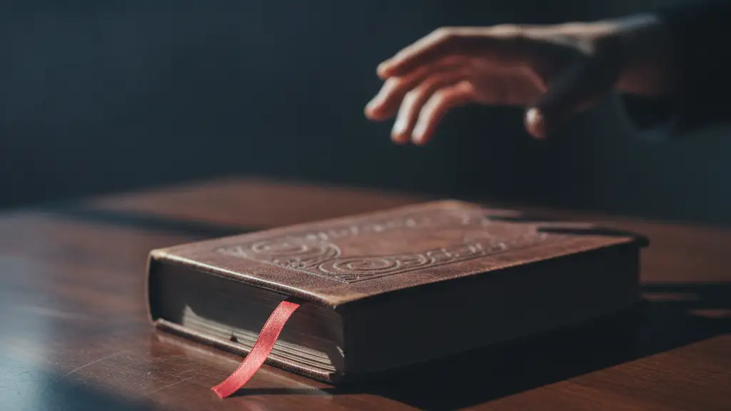 A thick book with a red bookmark on a dark desk, a blurred hand reaching.