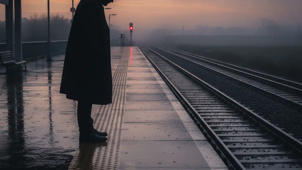 Silhouetted figure on a wet, empty train platform at dawn.