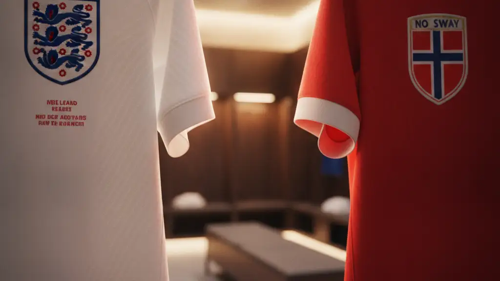 Two football jerseys, England and Norway, hanging side-by-side in a locker room.