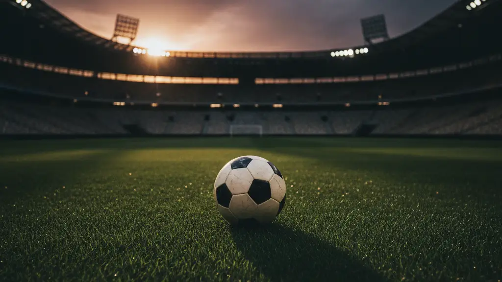 A lone football on a stadium pitch after a major game, empty stadium in background.