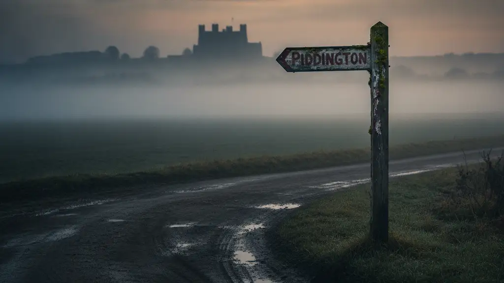 A weathered signpost pointing to Piddington, with a blurred building in the distance.