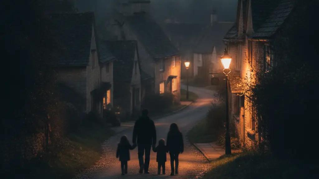 Blurred silhouette of a family walking on a gravel path in an English village at dusk.