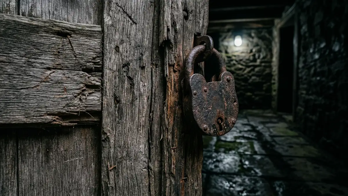 A rusted iron padlock hangs on a weathered, splintered wooden door frame in dim light.
