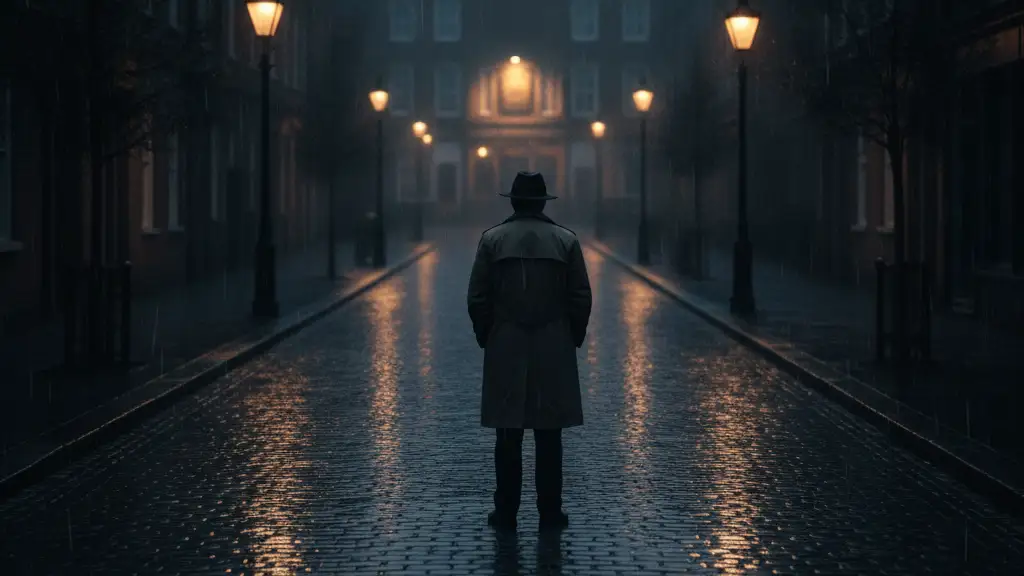 Silhouetted figure on a wet, cobblestone street at dusk, looking towards a distant pub.