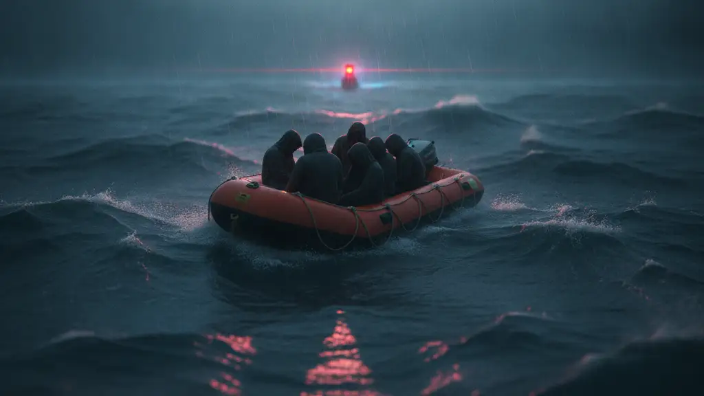 Distressed life raft with indistinct figures on a turbulent sea under a stormy sky.