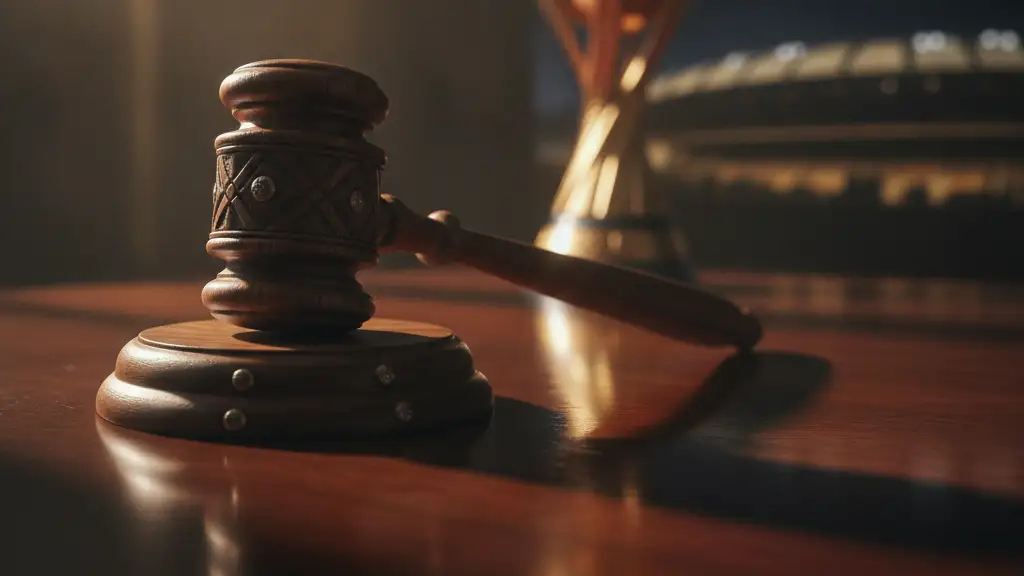 A heavy wooden gavel rests on a polished mahogany desk with a blurred reflection.